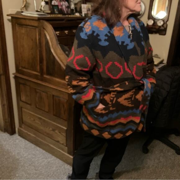 VTG Rafaella Aztec southwestern print wool tie waist shawl cardigan coat M - Picture 5 of 5